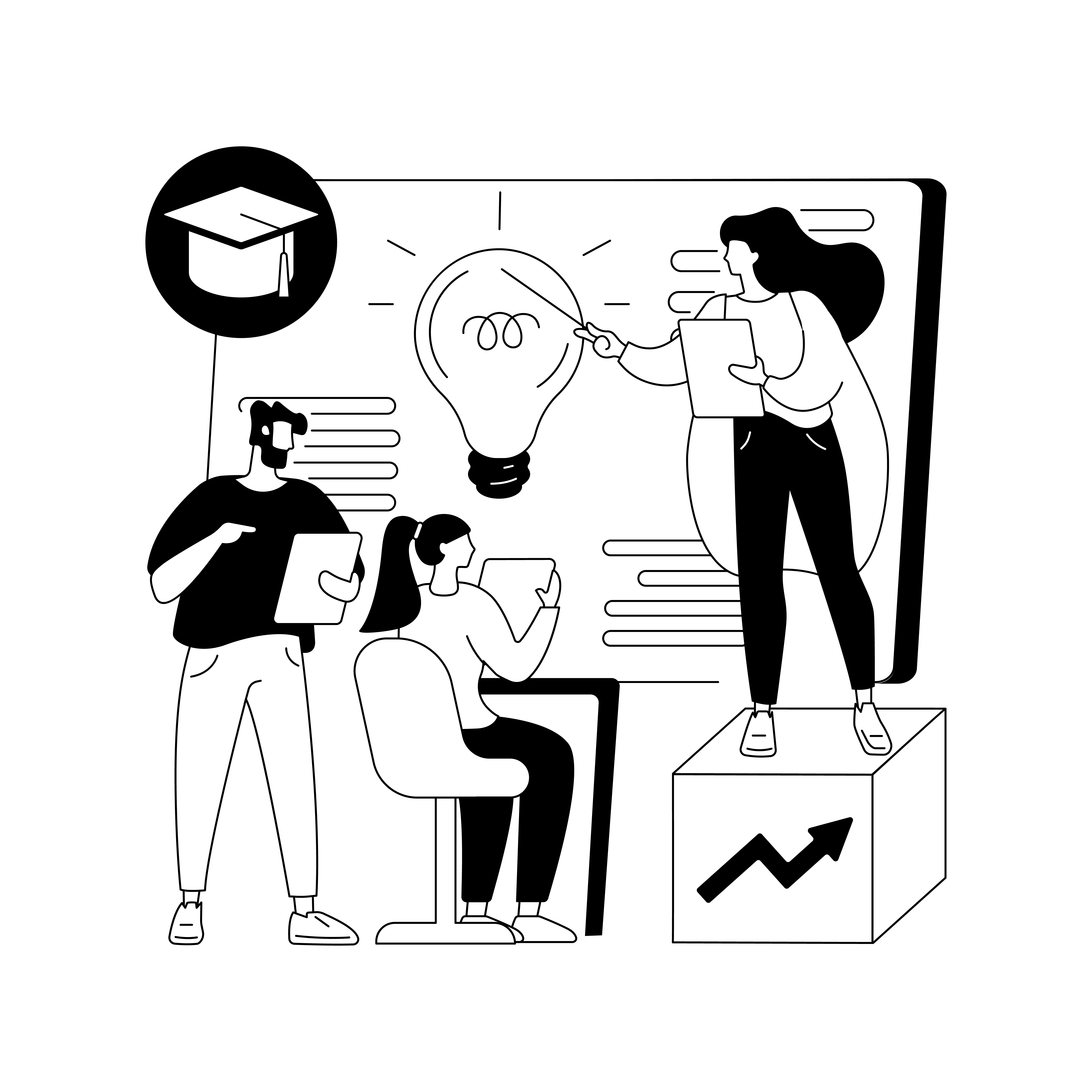Illustration of a mentor leading a session, with ideas, a growth chart, and a graduation cap