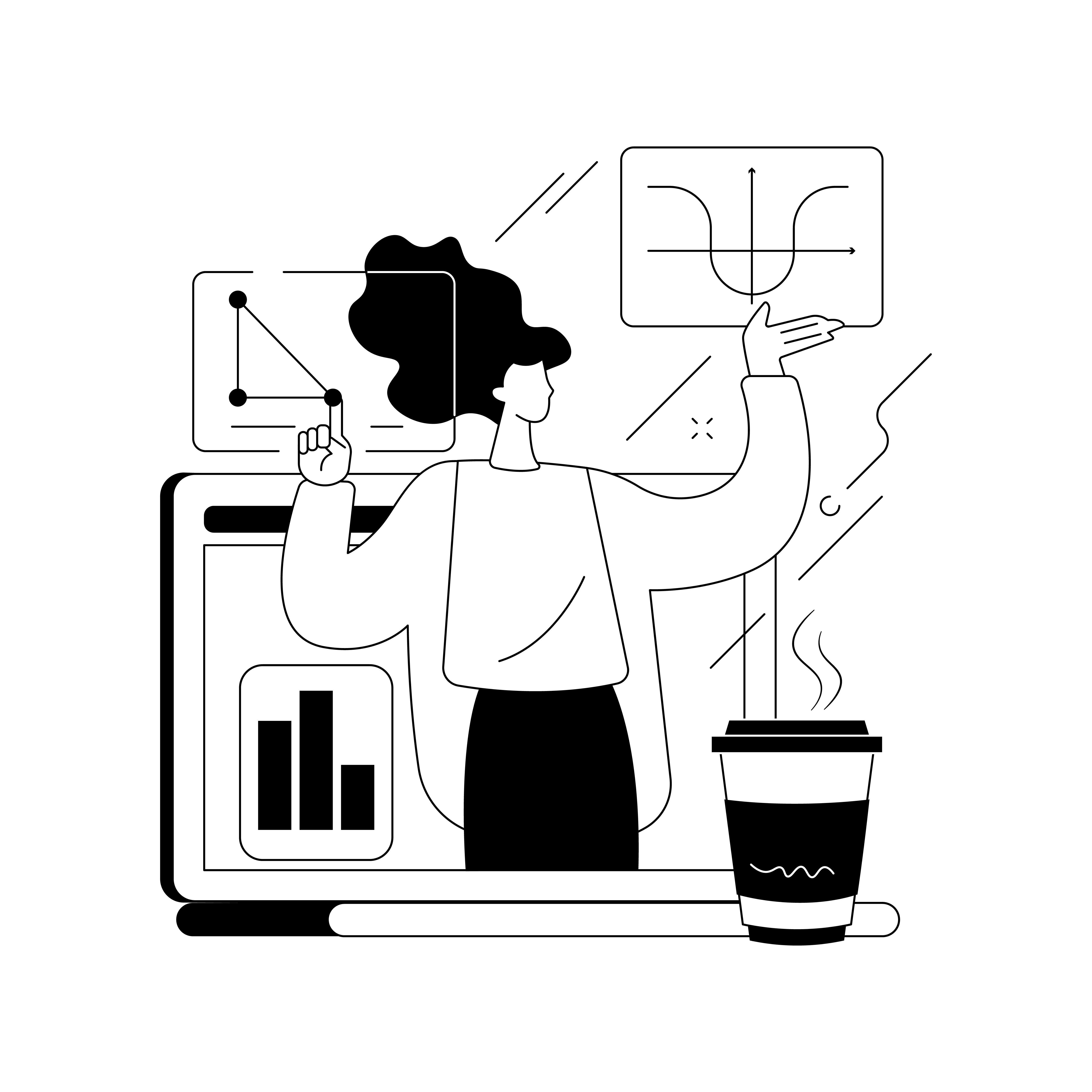 Illustration of a designer at a laptop, working with charts and data
